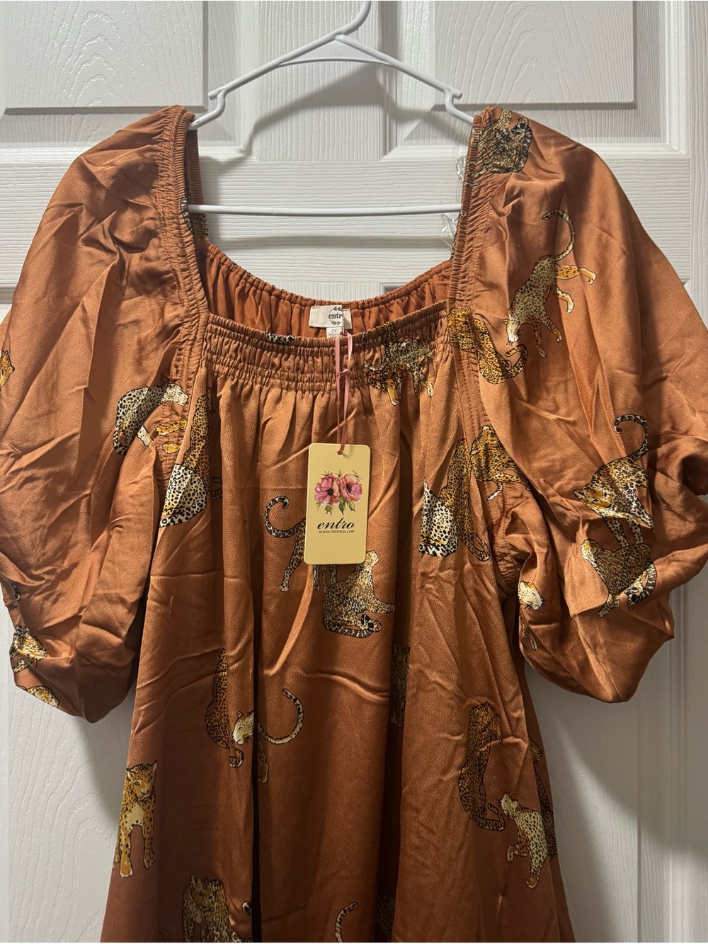 entro Rust Brown Animal Print Puff Sleeve Midi Dress - Picture 6 of 9